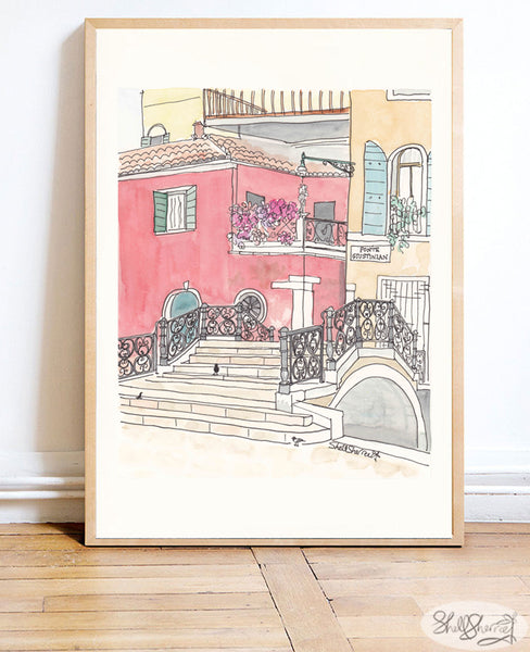 italy wall art venice painting buildings bridge Ponte Giustinian by shellsherree
