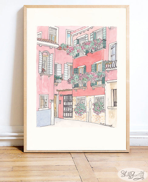 Italy wall art print Venice Flowery Villas in Watermelon painting by shell sherree