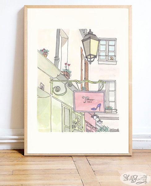 paris shoe shop french art print by shell sherree