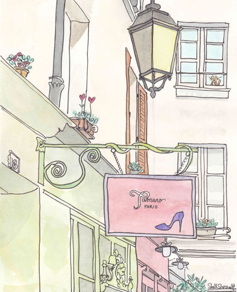 paris shoe shop french art print by shell sherree