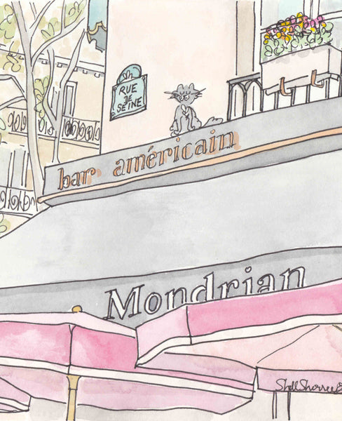 paris cafe art print bar americain with red umbrellas illustration art by shell sherree