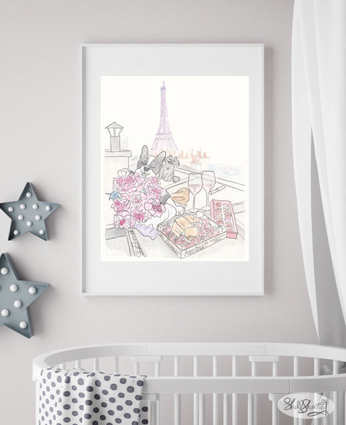 french nursery wall art of paris rooftop picnic with french bulldog black cat shell sherree art print
