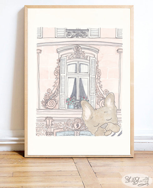 pretty paris window and french bulldog art by shell sherree