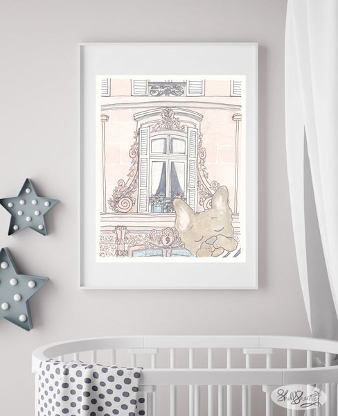 pretty paris window and french bulldog art by shell sherree