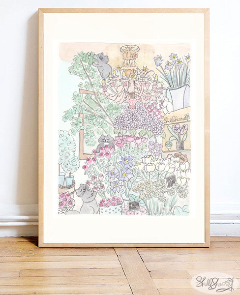 paris french flower shop print with cats art by shell sherree