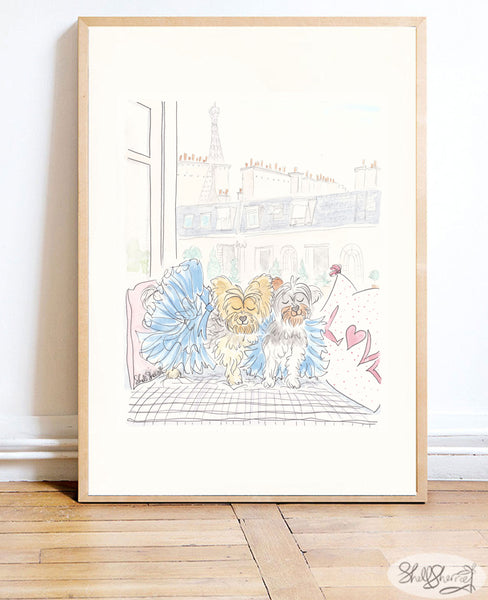 yorkie dogs art print wearing tutus in Paris by shell sherree