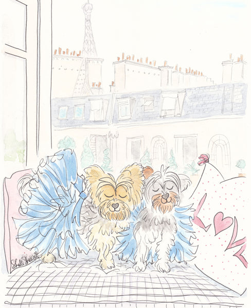 yorkie dogs art print wearing tutus in Paris by shell sherree