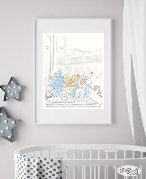 yorkie dogs art print wearing tutus in Paris by shell sherree