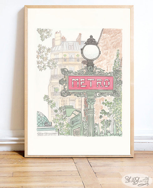 paris metro sign buildings and greenery french wall art print by shell sherree