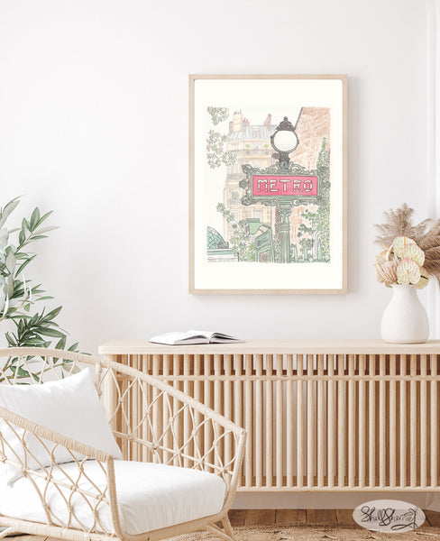 paris metro sign buildings and greenery french wall art print by shell sherree