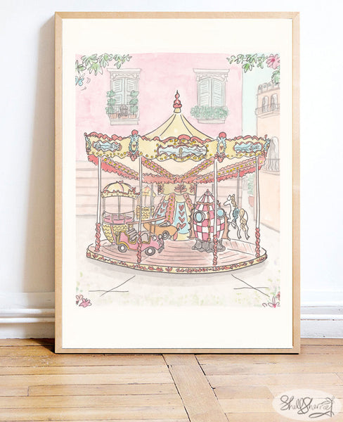 french carousel wall art print with rocket ship, hot air balloon, vintage plane, car, pony by shell sherree