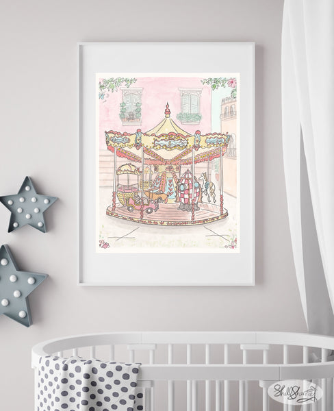 french carousel wall art print with rocket ship, hot air balloon, vintage plane, car, pony by shell sherree