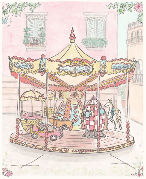 french carousel wall art print with rocket ship, hot air balloon, vintage plane, car, pony by shell sherree