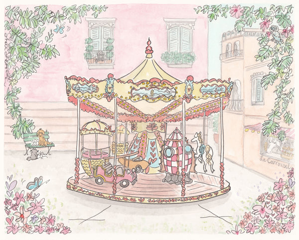 french carousel wall art travel transport theme pink and flowers by shell sherree