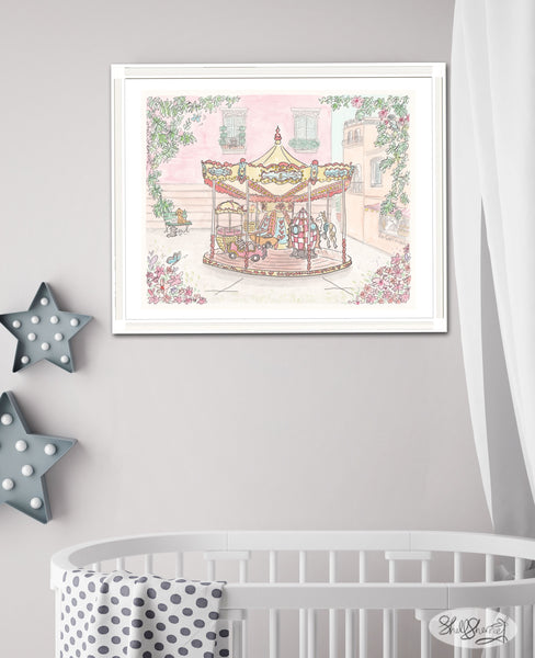 french carousel wall art travel transport theme pink and flowers by shell sherree