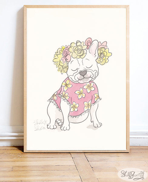 french bulldog wall art, pretty white frenchie with flowers and frangipani art by shell sherree
