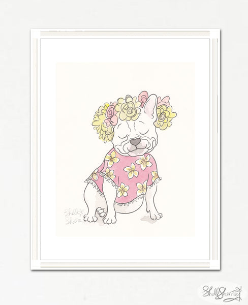 french bulldog wall art, pretty white frenchie with flowers and frangipani art by shell sherree