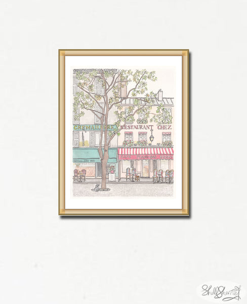 paris cafe street scene with tree and cat french wall art print by shell sherree