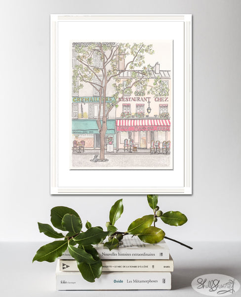 paris cafe street scene with tree and cat french wall art print by shell sherree