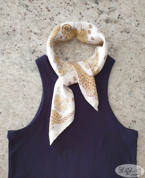 italian silk scarf with leopard illustrations by shell sherree, small run made in Como, Italy, silk twill square