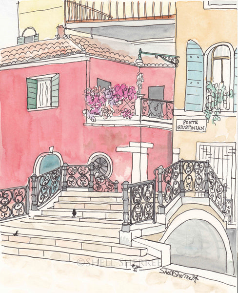 italy wall art venice painting buildings bridge Ponte Giustinian by shellsherree