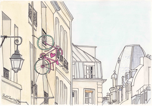 paris wall art print bicycle romance and french architecture illustration by shell sherree