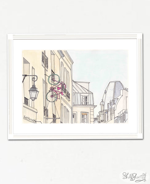 paris wall art print bicycle romance and french architecture illustration by shell sherree