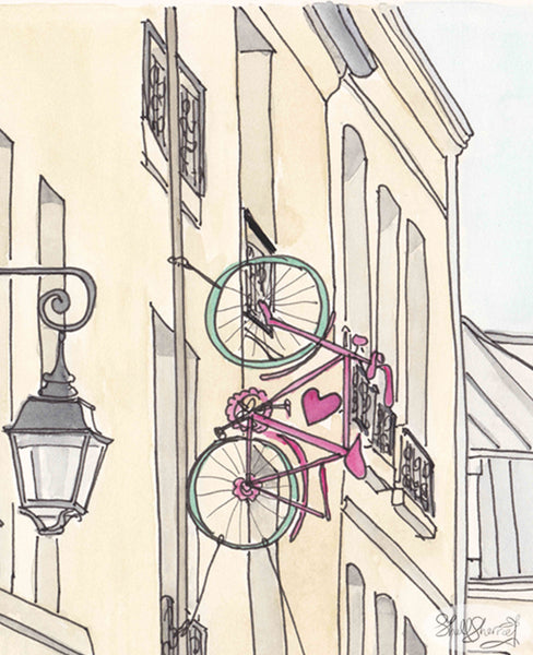 paris wall art print bicycle romance and french architecture illustration by shell sherree