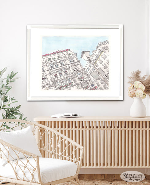 french wall art paris architecture detail with sky and lamp by shellsherree