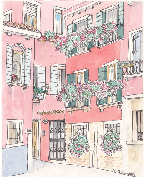 Venice Flowery Villas in Watermelon wall art by shell sherree