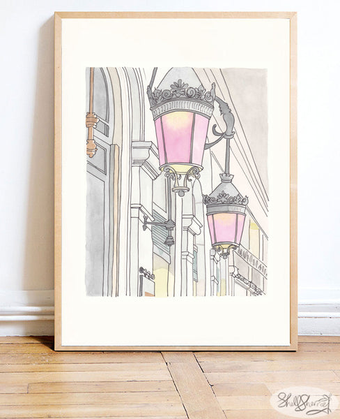 french wall art paris lamps with pink glass illustration by shell sherree