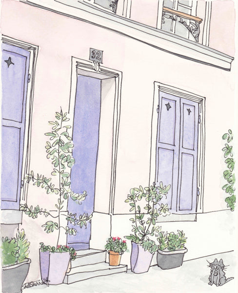 French art print provence purple doors with cat and pot plants by shellsherree