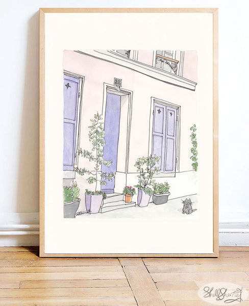 French art print provence purple doors with cat and pot plants by shellsherree