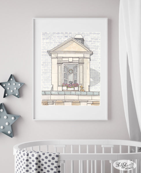 french nursery paris nursery window dog and cat art print by shellsherree