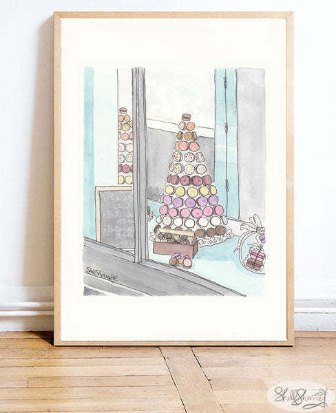 french wall art print macaron tower in paris patisserie by shell sherree