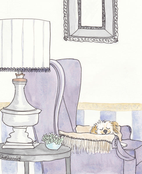 sweet puppy dog on wing chair wall art by shell sherree