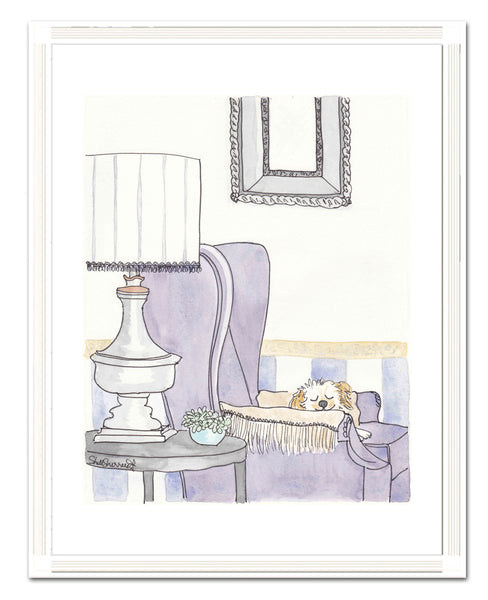 sweet puppy dog on wing chair wall art by shell sherree