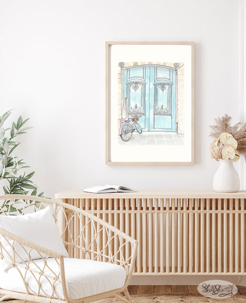 paris print aqua doors bicycle and cat by shell sherree