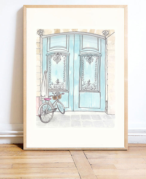 paris print aqua doors bicycle and cat by shell sherree