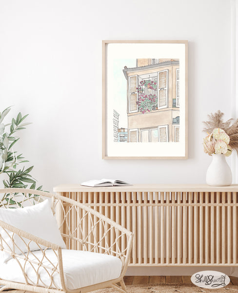 french wall art building shutters, flower balcony and cat by shell sherree