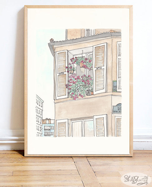 french wall art building shutters, flower balcony and cat by shell sherree