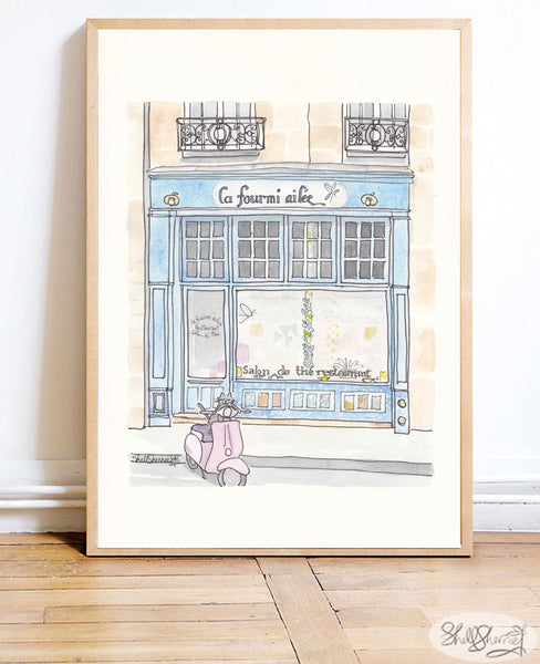 french wall art tea salon la fourmi ailee and pink scooter paris illustration print shell sherree