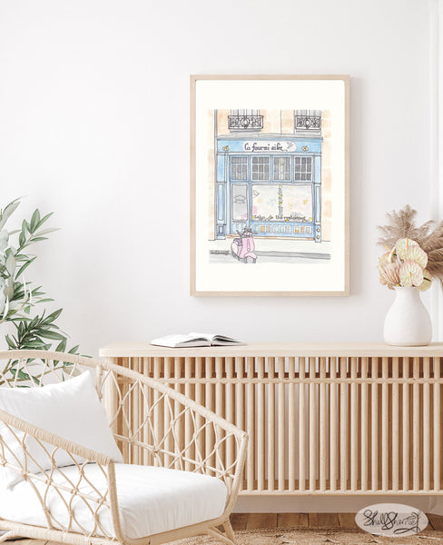 french wall art tea salon la fourmi ailee and pink scooter paris illustration print shell sherree