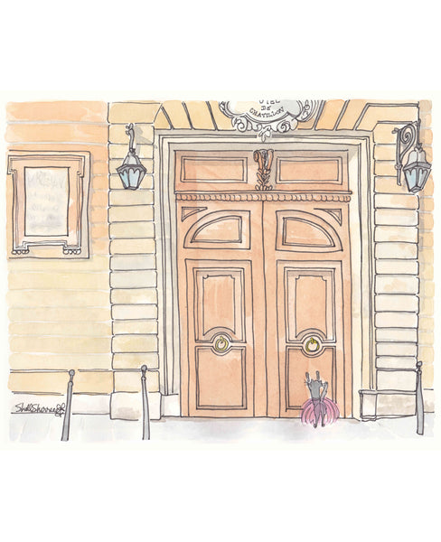 french doors wall art print Paris building with ballet cat by shell sherree