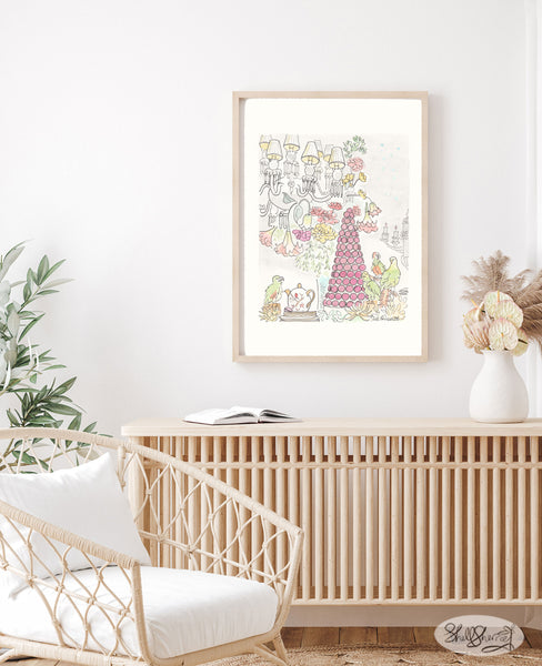 french wall art macarons with chandelier and birds, chinoiserie illustration by shellsherree
