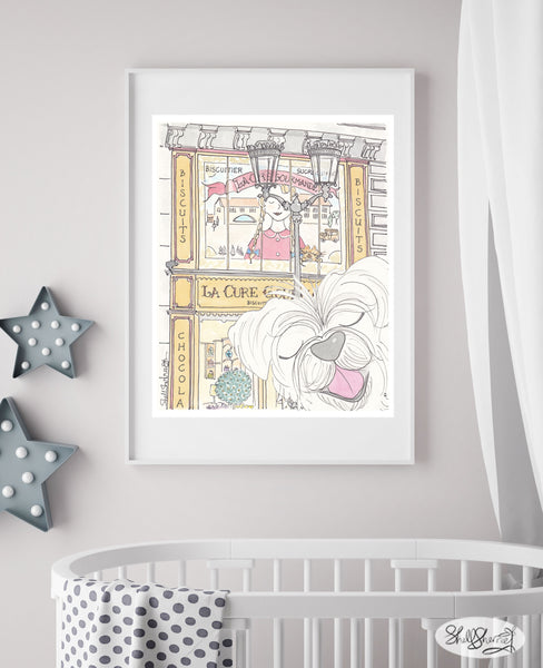 Cute Dog at Paris Sweet Shop Cure Gourmande art print by Shell Sherree