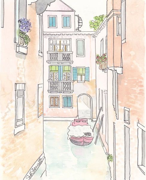 venice art print red boat on canal shellsherree