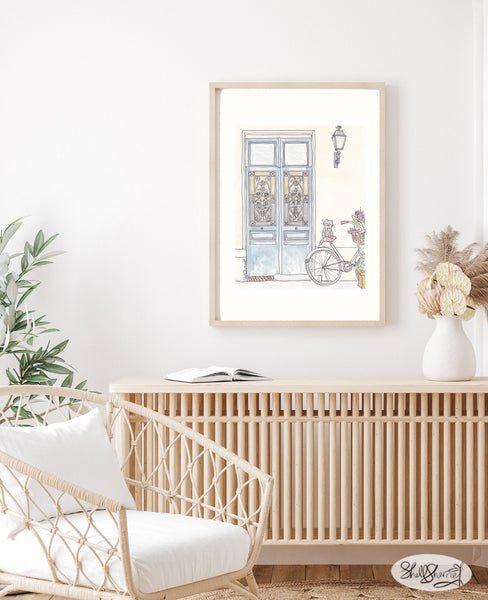 french wall art paris doors with bicycle and cat by shell sherree