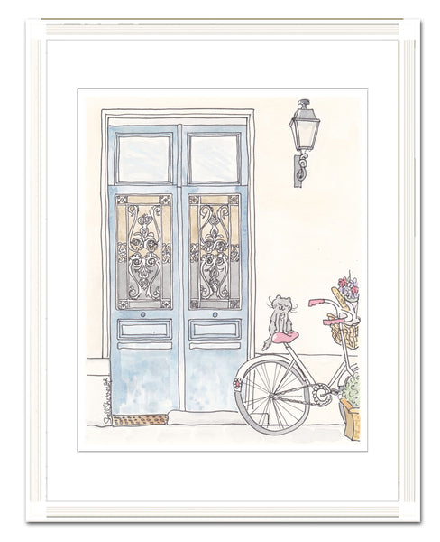 french wall art paris doors with bicycle and cat by shell sherree
