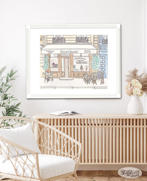 french cafe wall art print pain and chocolat paris illustration by shell sherree